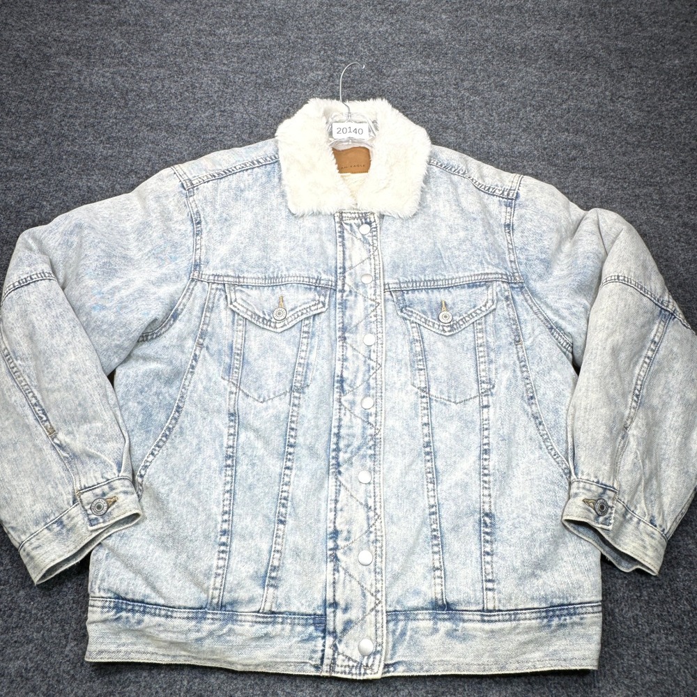 American Eagle Jacket Womens Large Blue Acid Wash Denim Sherpa Faux Fur Trucker
